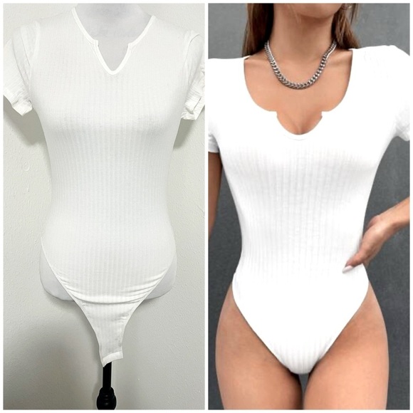 SHEIN Women’s Medium White Ribbed Knit Notched Neckline Bodysuit Casual NWOT - Picture 1 of 11